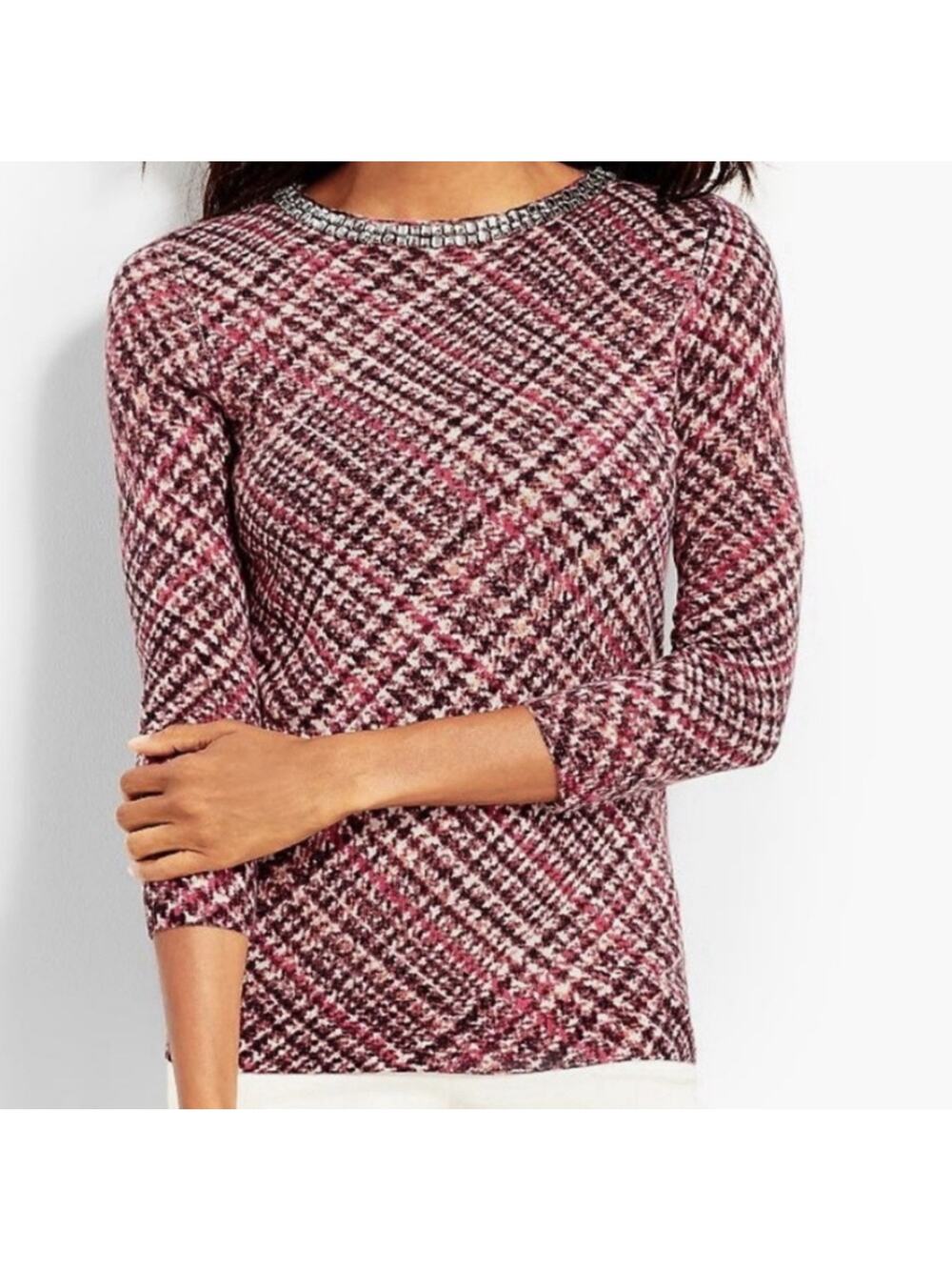 Talbots Pure Cashmere Pink Houndstooth Rhinestone Accent Sweater Preppy Women LP